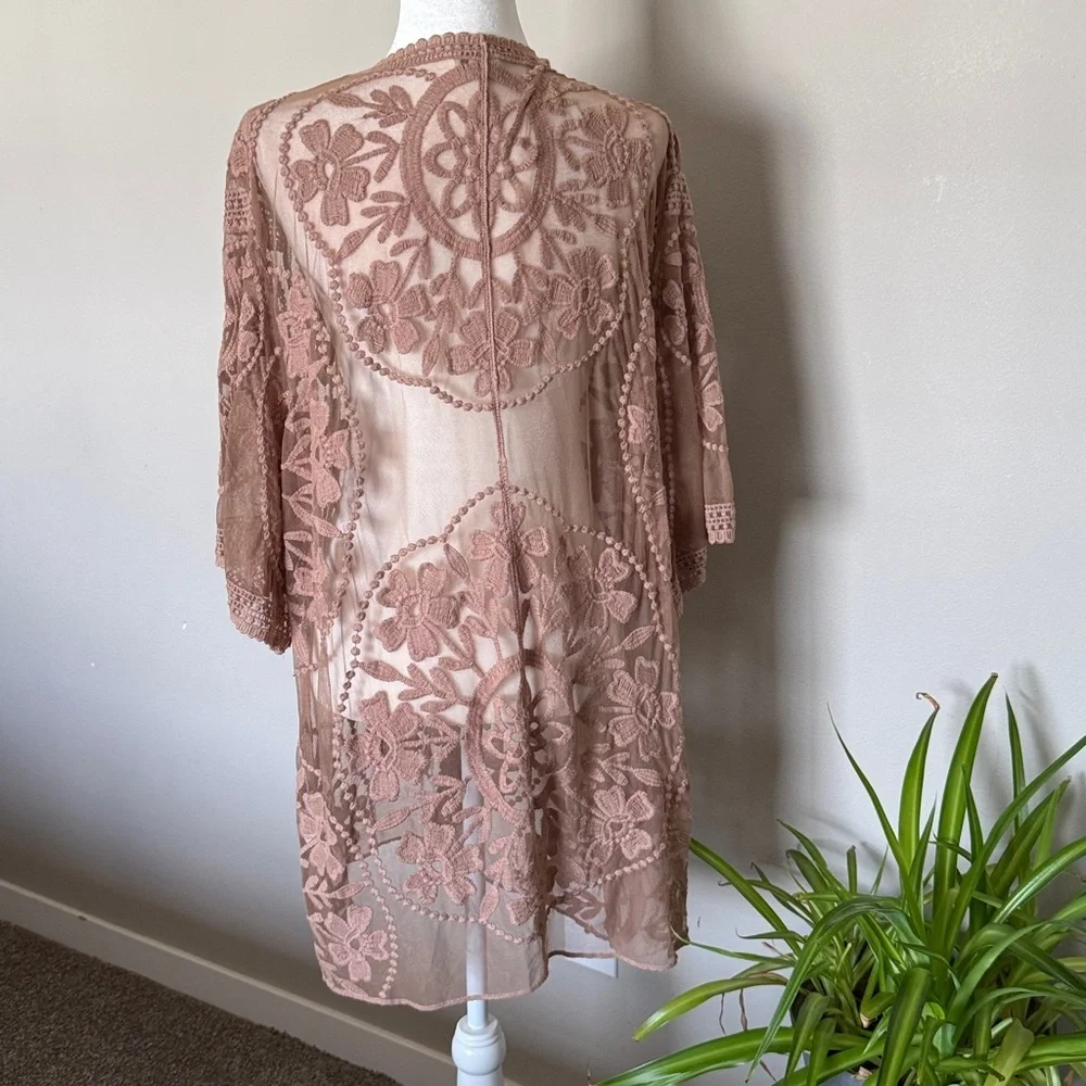 Umgee Sheer Lace Cardigan‎ in Tan/taupe brown SZ S mesh kimono fall festival